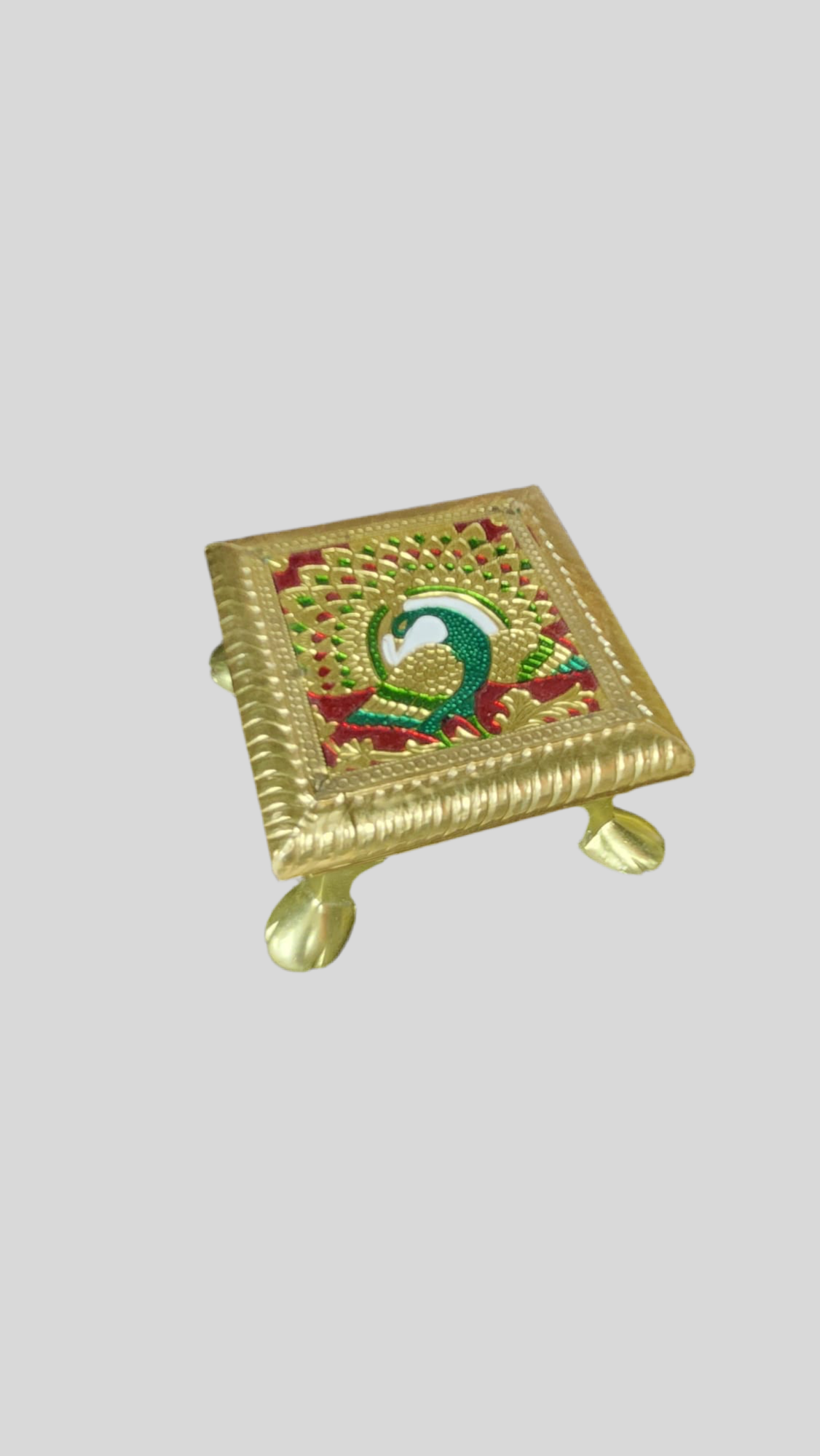 Mesa pequeña de altar con diseño de pavo real